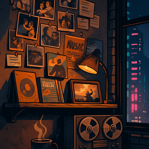 A 2048x2732 vertical background illustration in a semi-realistic comic book style. The setting reveals a nostalgic, dimly lit corner of the same urban apartment from the previous scenes. This part of the room showcases a personal wall collage filled with printed photographs, old event posters, and handwritten notes — all pinned with care and glowing softly under a small warm desk lamp. A wooden shelf holds vinyl covers, retro magazines, and a framed photo of a live DJ performance. On a nearby desk, a coffee mug steams next to an analog tape recorder, gently lit by the reflection of neon city lights from outside the window. The atmosphere is rich with memories, inspiration, and creative legacy. No characters, no text — just a sentimental space for the credits menu backdrop..
In-Game asset.  2d.  High contrast.  No shadows