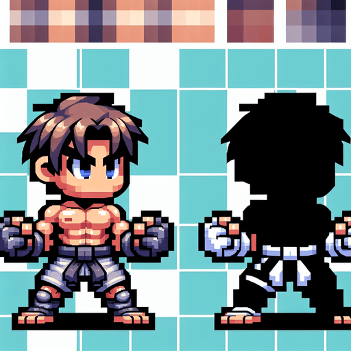Fighter with 2 fight gloves, full body, mini fighter, big head, chibi.
Single Game Texture. In-Game asset. 2d. Blank background. High contrast. No shadows, detailed pixel art style