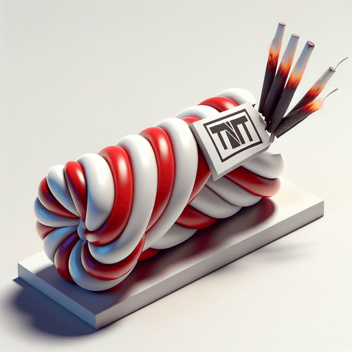 a photo-realistic white and red twisted candy stick slice in vertical position and with an extinguished wick. At its center, a simple white rectangular "TNT" sticker in the same direction as the stick Single Game Texture. In-Game asset. 2d. Blank background. High contrast. No shadows.