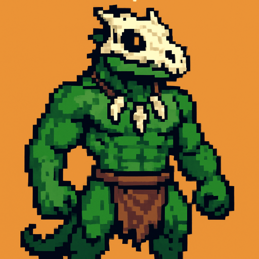 Lagarto furry fuerte sin camisa y con taparrabos, que en la cara lleve un cráneo de otro lagarto, que lleve colgantes y que sea pixeleado.
In-Game asset.  2d.  High contrast.  No shadows