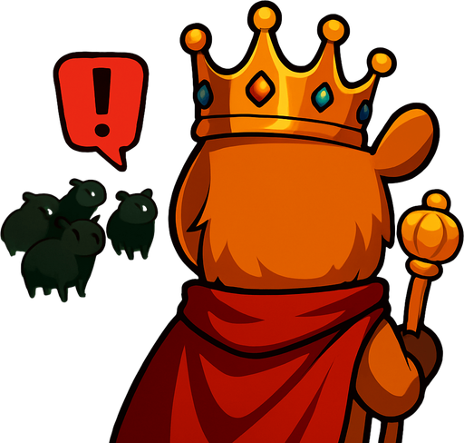 El rey ve al fondo del bosque a los capybaras negros. El esta de espaldas y a su lado sale un signo de exclamacion.