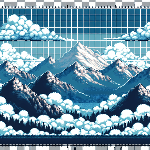 a pixel clouds background, with mountains, full height full width
Single Game Texture.  In-Game asset.  2d.  Blank background.  High contrast.  No shadows