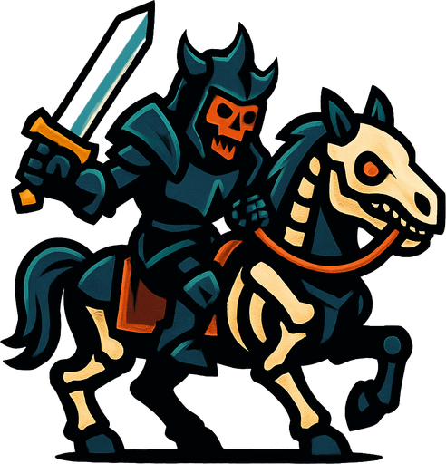 Kara şövalye iskelet atının üzerinde elinde parlak bir kılıç tutuyor.
In-Game asset.  2d.  High contrast.  No shadows