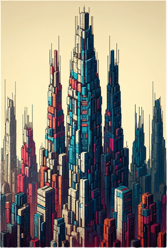 futuristic blocks of  sky scrapers.
Single Game Texture. In-Game asset. 2d. Blank background. High contrast. No shadows.