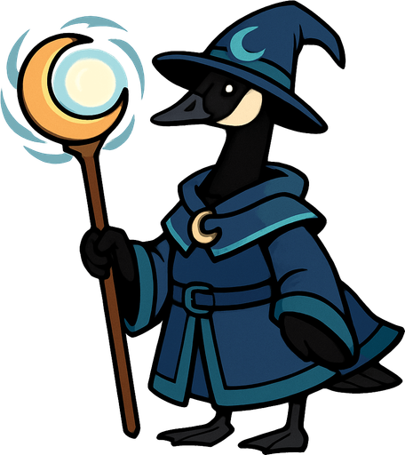A Canadian Goose in Moon Mage Outfit with Moonlight Magic Staff.
In-Game asset.  2d.  High contrast.  No shadows
