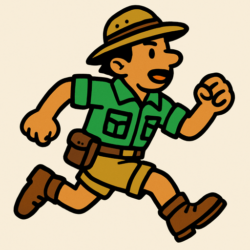 Safarici bir runner yeşil üstlü.
In-Game asset.  2d.  High contrast.  No shadows