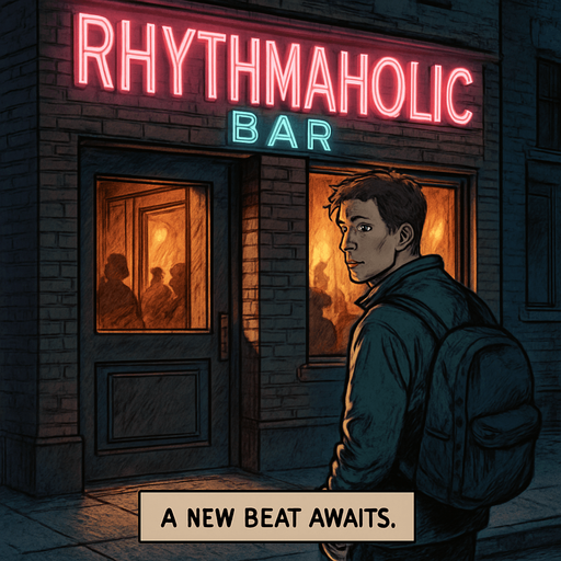 Realistic comic art in 2048x2048. Outside a cozy urban bar glowing with neon sign "Rhythmaholic Bar". Noah stands in front of the door, hesitant but hopeful. Warm interior light spills onto the street. Narrator box at the bottom-center with the text: "A new beat awaits."