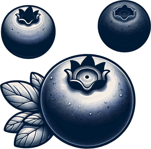 A couple of blueberries.
Single Game Texture. In-Game asset. 2d. Blank background. High contrast. No shadows.