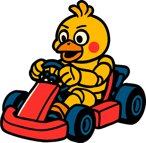 Un pollo amarillo animatronico en un kart.
In-Game asset.  2d.  High contrast.  No shadows