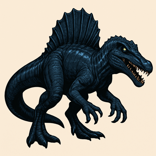 A large, realistic Spinosaurus dinosaur with dark navy-blue scaly skin, accented by lighter blue streaks along its sail and limbs. It has a long crocodile-like snout filled with sharp teeth and piercing yellow eyes. The sail on its back is tall and jagged, matching the dark tones of the body. Its tail is wide, flattened, and paddle-like—similar to a newt or salamander’s tail—designed for swimming. The muscular arms have large claws, and the overall posture is slightly hunched as if it’s ready to dive into the water. The skin texture shows rough scales, subtle wrinkles, and scars for a realistic semi-aquatic look..
In-Game asset.  2d.  High contrast.  No shadows