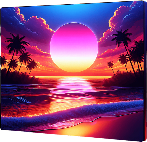 A sunset beach background with waves and palm trees..
Single Game Texture.  In-Game asset.  2d.  Blank background.  High contrast.  No shadows