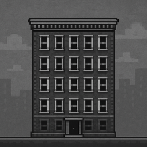 City building 2d game long and grey with windows.
In-Game asset.  2d.  High contrast