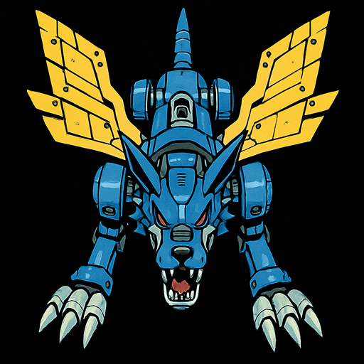 Metalgarurumon, visto desde arriba, detalles muy épicos.
In-Game asset.  2d.  High contrast.  No shadows