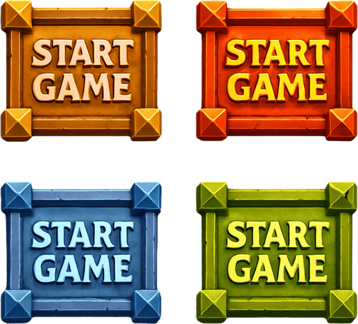 Medieval "start game" buttons. HD colors. 
In-Game asset.  High contrast.  No shadows. 3D