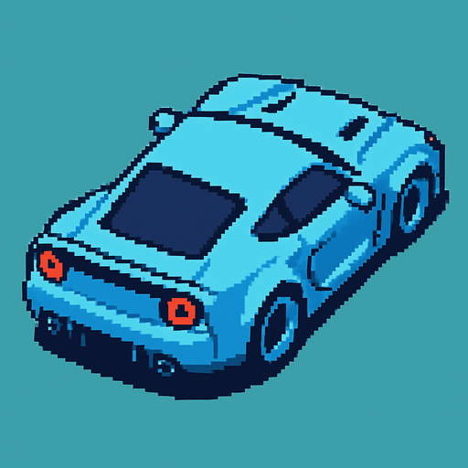 auto celeste deportivo con perspectiva desde arriba y trasera hecho con pixeles.
In-Game asset.  2d.  High contrast.  No shadows