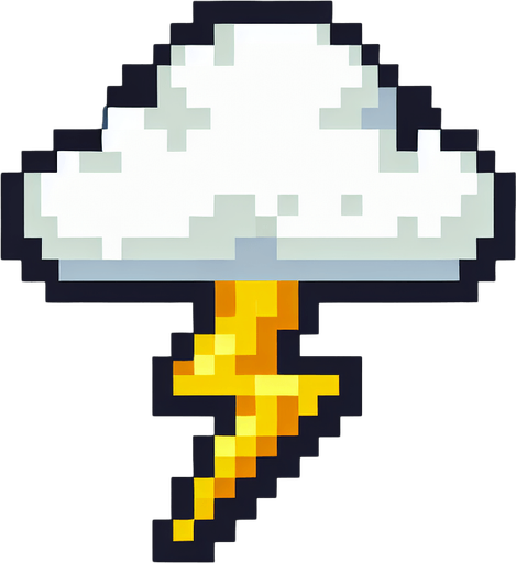 8-bit cloud with lightning. in game asset. white cloude. yellow lighning. Single Game Texture. In-Game asset. 2d. Blank background. High contrast. No shadows.