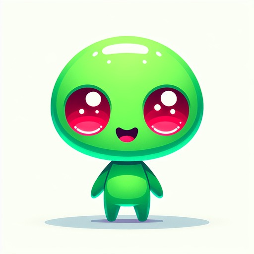 Green alien cartoon. Red eyes. Cute, smiling. Blank background. High contrast. No shadows.