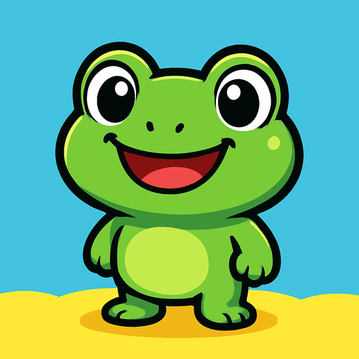 “A cute cartoon-style frog character for a mobile game. Bright green skin, big round eyes, wide smiling mouth, small chubby body, sitting or standing upright. Friendly and playful expression, simple colorful background. High-quality digital illustration, perfect for a fun kids game.”.
In-Game asset.  2d.  High contrast.  No shadows. cartoon style