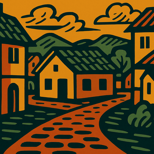 Un pueblo con casa y un piso café jojo's.
In-Game asset.  2d.  High contrast.  No shadows