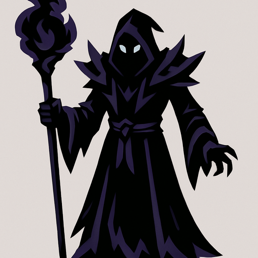 Darkness wizard, con cuerpo entero.
In-Game asset.  2d.  High contrast.  No shadows