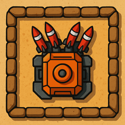 Top view of an Orange defense Military tower Rockets, in the desert, the image has a square border outlined by military defense Brown sandbags.
In-Game asset.  2d.  High contrast.  No shadows