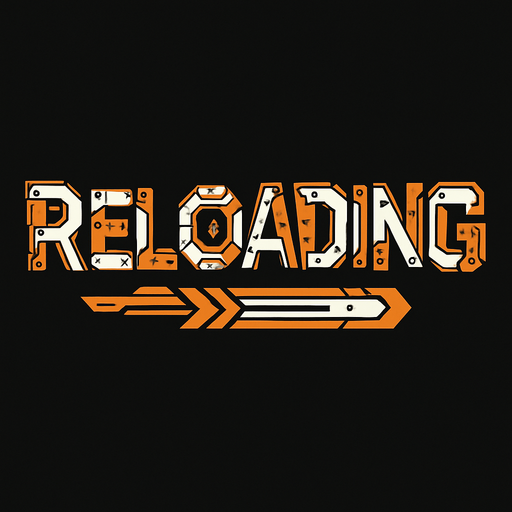 `Reloading` word but mecha style.
In-Game asset.  2d.  High contrast.  No shadows