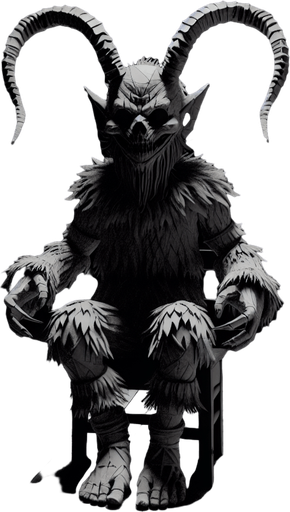 Eerie Christmas-inspired krampus doll sitting similar to a resident evil
Single Game Texture. In-Game asset. 2d. Blank background. High contrast. No shadows.