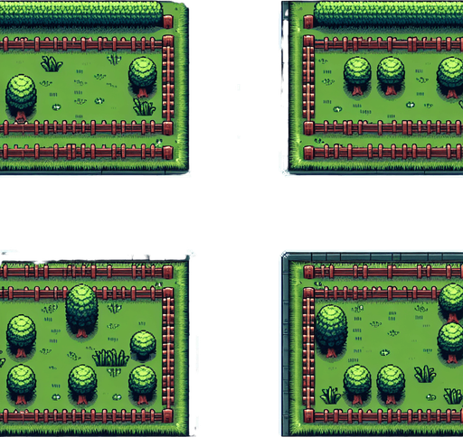 top down seamless vertical scrolling background for an endless driving game , centyral road with 3 lanes sside grass trees, and fences, pixel art style Single Game Texture.  In-Game asset.  2d.  Blank background.  High contrast.  No shadows