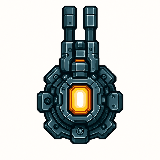 2D top-down view sci-fi laser turret, mounted on a rotating base, glowing energy cell, detailed mechanical parts, metallic finish, compact and powerful look, pixel art or vector style, no background.
In-Game asset.  2d.  High contrast.  No shadows