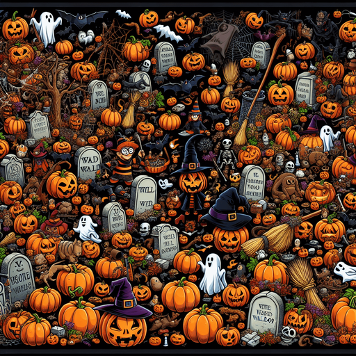 Generate a high quality cartoon background Halloween image on a black canvas similar to the format of where is waldo.
Single Game Texture. In-Game asset. 2d. Blank background. High contrast. No shadows.