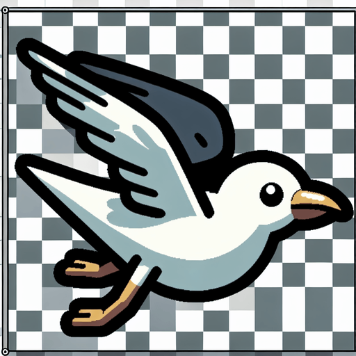 A cartoon seagull. Flying, side profile..
Single Game Texture.  In-Game asset.  2d.  Blank background.  High contrast.  No shadows