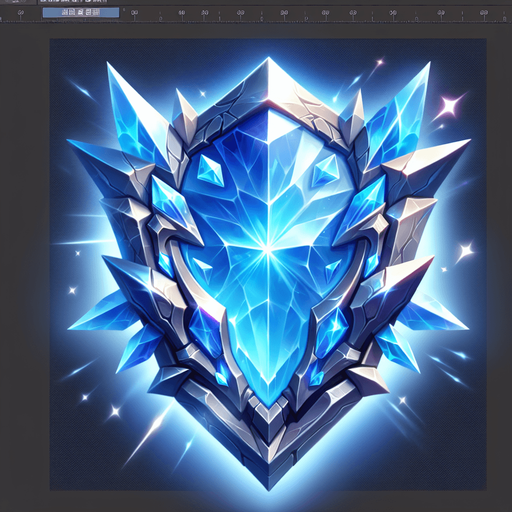 An angular, crystalline shield shimmering with blue light..
Single Game Texture.  In-Game asset.  2d.  Blank background.  High contrast.  No shadows