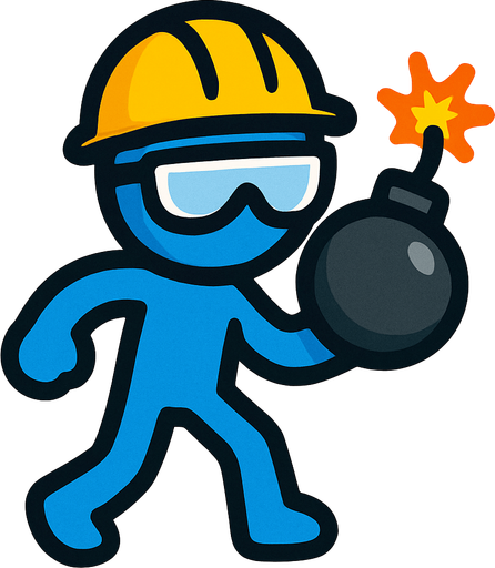 Blue stickman with safety goggles, yellow safety helmet and a bomb.
In-Game asset.  2d.  High contrast.  No shadows