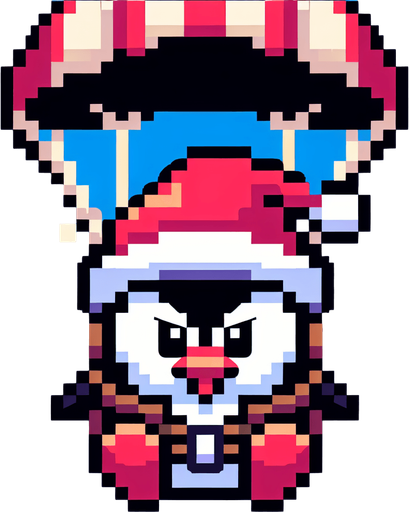 cute angry parachuting penguin wearing a santa hat. pixelated. 8 bit..
Single Game Texture. In-Game asset. 2d. Blank background. High contrast. No shadows.