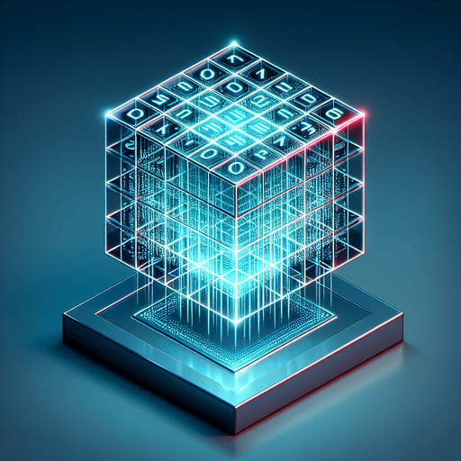 Create an isometric 3D holographic cube resembling a Rubik's cube. The cube should display the top face and two adjacent side faces, each divided into a 3x3 grid of cells. Each cell must contain either a '1' or a '0' in a glowing cyan-blue monospace font, clearly visible on all three visible faces. A few specific cells across the cube should stand out with their binary digits ('1' or '0') highlighted in bright red. The entire cube should have a holographic look, with glowing gridlines separating the cells and a subtle flicker effect. Ensure the cube appears suspended in mid-air, projecting from a base below, with soft lighting and a sci-fi ambiance..
Single Game Texture. In-Game asset. 2d. Blank background. High contrast. No shadows.