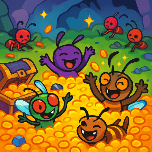 When the evil insects win, they celebrate by swimming in piles of gold coins. Cartoonish, colorful, and fun scene. In the background, defeated allied ants and the lost treasure atmosphere. Filled with vibrant colors and animated details..
In-Game asset.  2d.  High contrast.  No shadows