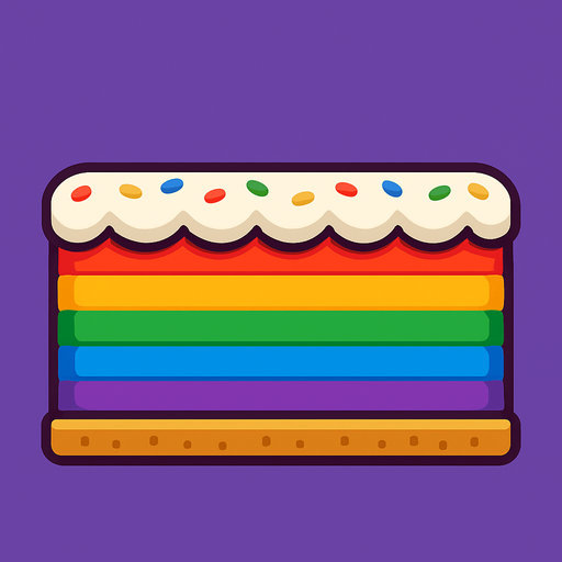 lateral view of a flat rainbow cake in rectangular platform shape for a platformer game.
In-Game asset.  2d.  High contrast.  No shadows