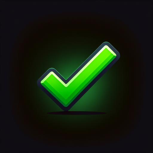A green check mark on a dark background.
Single Game Texture. In-Game asset. 2d. Blank background. High contrast. No shadows.