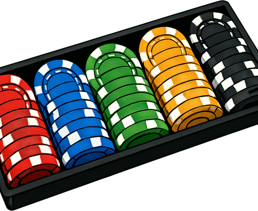 A long rack of different colored poker chips seen from above. Anime style..
In-Game asset.  2d.  High contrast.  No shadows