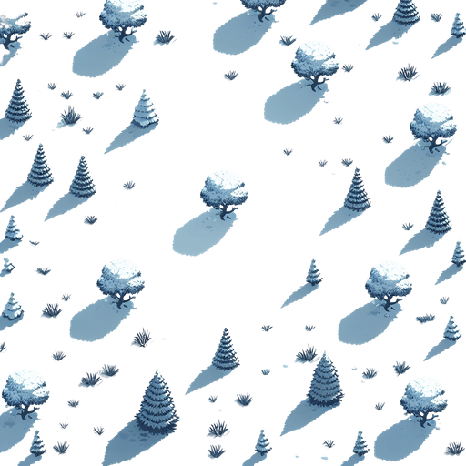 Top down snowy field with some scattered tries. Single Game Texture. In-Game asset. 2d. Blank background. High contrast. No shadows.