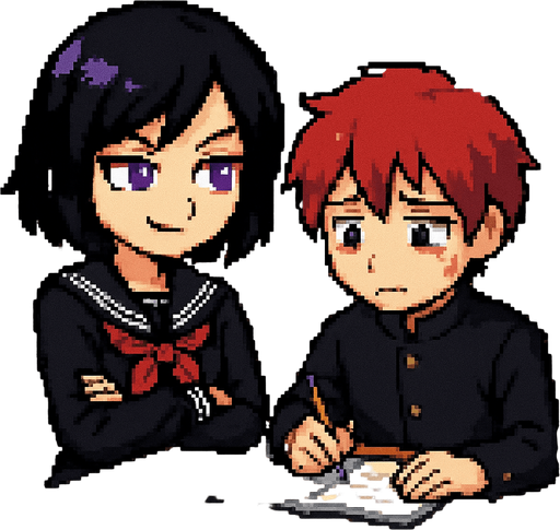 A cute anime-style girl in pixel art, with an emo aesthetic, striking purple eyes, and a classic Japanese school uniform (sailor fuku), is studying with furrowed brows and a confident smile. She sits next to a shy red-haired boy with red eyes, also in pixel art style. Their desks are pushed together, and on the boy’s desk lies an open notebook, which he nervously stares at while holding a graphite pencil. The girl looks at him with a mix of sternness and confidence, convinced he won’t pass the exam. The background depicts a typical Japanese classroom.