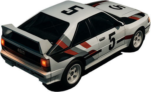 Photorealistic white audi b2 quattro RALLYCAR with red,grey,black stripes livery, drone topview from back in night. Angle should be 45 degrees in the top right corner of the screen.