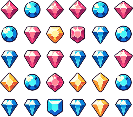 Match 3 gem sprite sheet.
Single Game Texture. In-Game asset. 2d. Blank background. High contrast. No shadows.