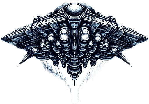 alien spaceship heading down.
Single Game Texture. In-Game asset. 2d. Blank background. High contrast. No shadows.