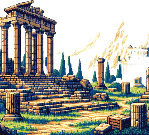 Ancient greece background pixel style ruins.
Single Game Texture.  In-Game asset.  2d.  Blank background.  High contrast.  No shadows