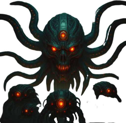 Giant head cyberpunk robot squid demon giant head tentacles behind matrix sentinels