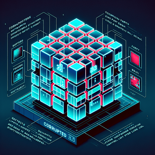 Design an isometric 3D holographic cube resembling a Rubik's cube. The cube should display the top face and two adjacent side faces, each divided into a 3x3 grid of cells. Each cell must contain either a '1' or a '0' in a glowing cyan-blue monospace font, visible on all three faces. A few specific cells across the cube should stand out with their binary digits ('1' or '0') highlighted in bright red.

To indicate corruption, overlay the cube with subtle glitch effects, such as flickering segments, static noise, and distorted gridlines. Add a small glowing text label floating near the cube that reads 'CORRUPTED' in bold red, with a slight flicker or distortion to enhance the corrupted feel. Ensure the cube retains its holographic aesthetic with a soft cyan glow, suspended in mid-air, projecting from a base below with ambient lighting and sci-fi effects.
Single Game Texture. In-Game asset. 2d. Blank background. High contrast. No shadows.