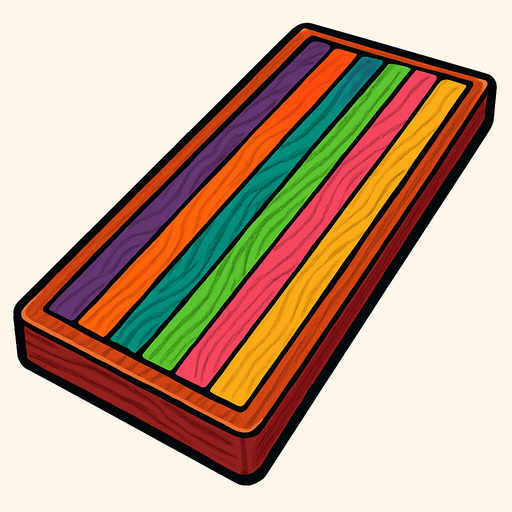 A long rectangular wooden cutting board counter with different colored laminated wooden strips. Top down view. 80s arcade machine graphics..
In-Game asset.  2d.  High contrast.  No shadows