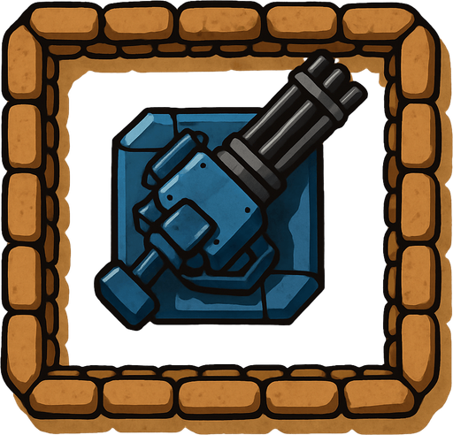 Top view of an blue defense Military tower large Minigun Machinegun in the desert, the image has a square border outlined by military defense Brown sandbags.
In-Game asset.  2d.  High contrast.  No shadows