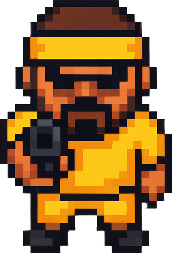 pandillero de amarillo hecho con pixeles con perspectiva desde arriba visto de frente apuntando hacia enfrente con un arma
In-Game asset.  2d.  High contrast.  No shadows